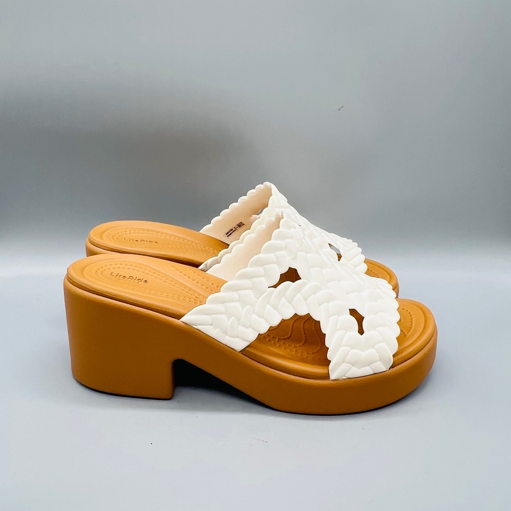 Crocs Sandals Womens 11 White Brown Brooklyn Luxe Braided Platform Wedge Shoes